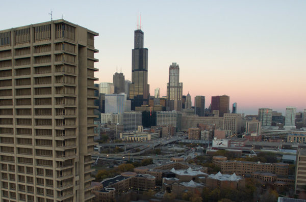view of downtown Chicago with University Hall in the foreground