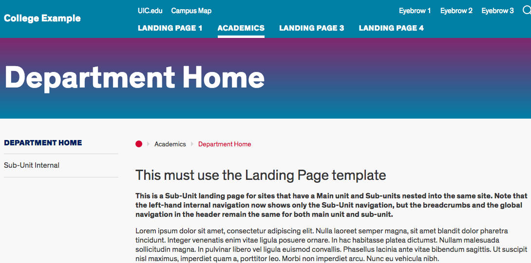 a sub-unit landing page