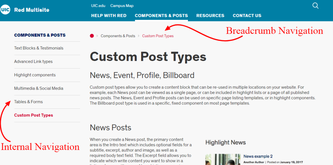 breadcrumb and internal navigation examples