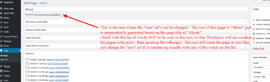 editing the permalink root slug of a page