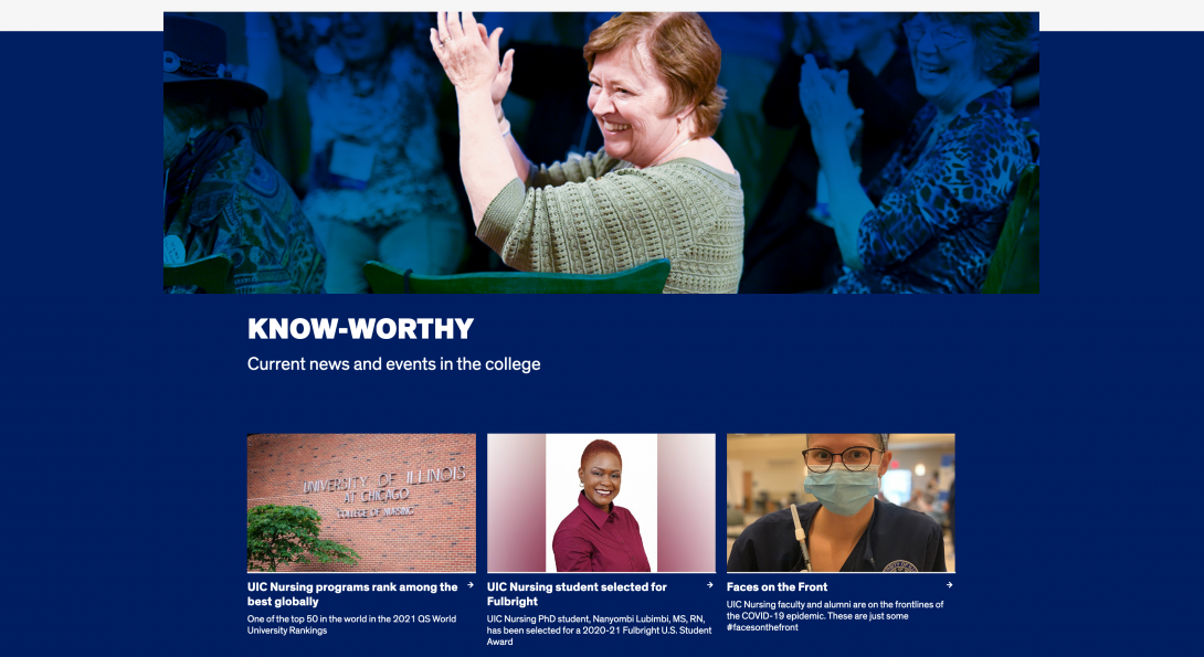 example showing large image with title and short text with 3 smaller tiled content blocks with images, titles and text