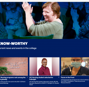 example showing large image with title and short text with 3 smaller tiled content blocks with images, titles and text
                  