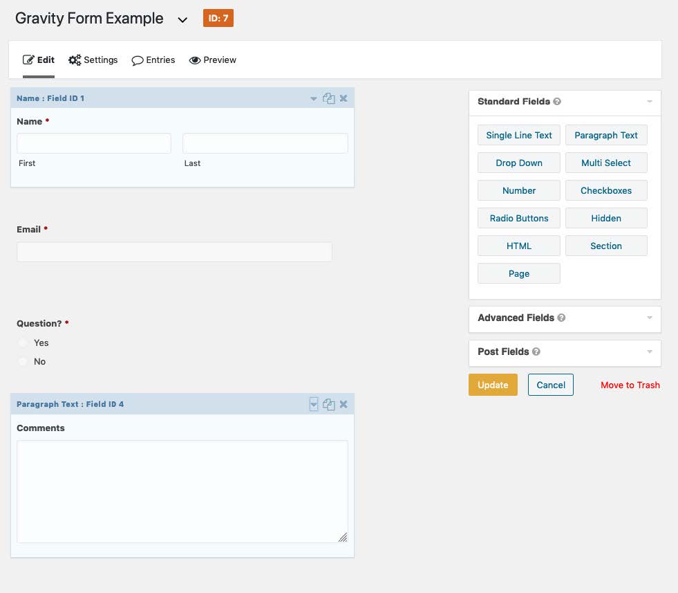 Example form with fields for name, email, question, comments