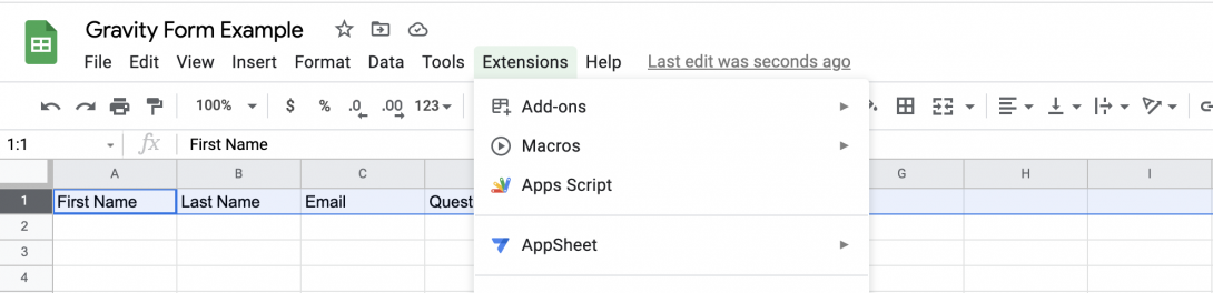 Google Sheet screen showing location of the Apps Script tool in the menu and dropdown