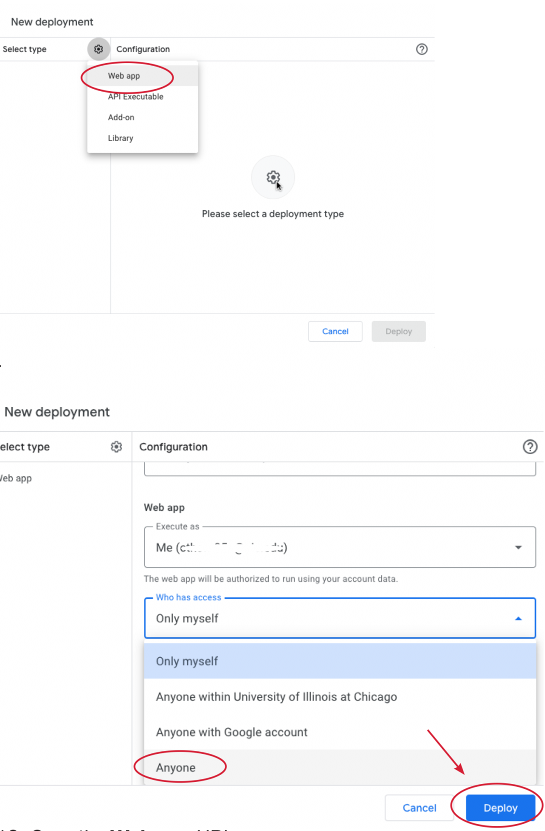 Demonstrating location of the deploy menu and access settings