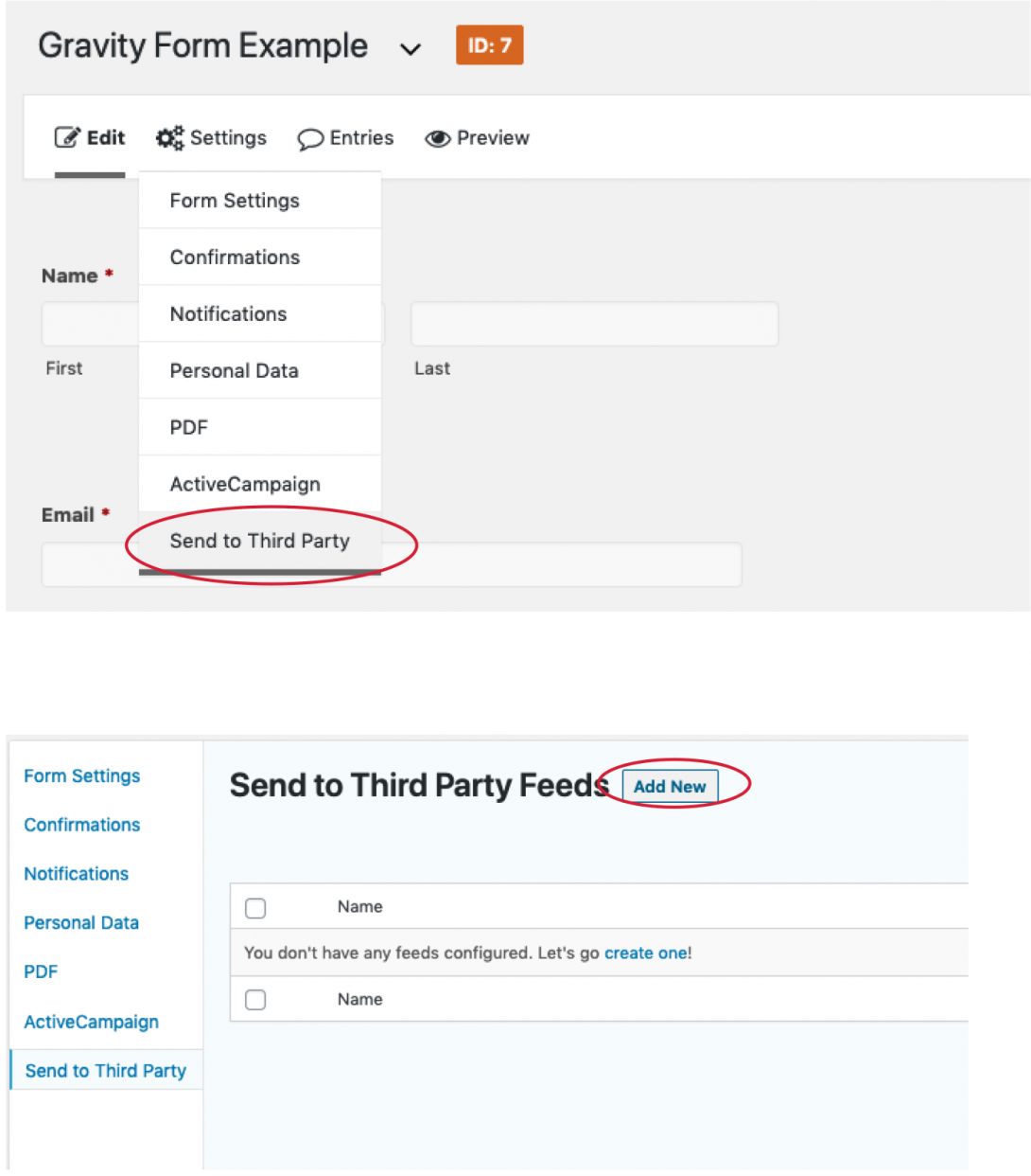 Gravity form Settings navigation and Send to Third Party Feeds screens
