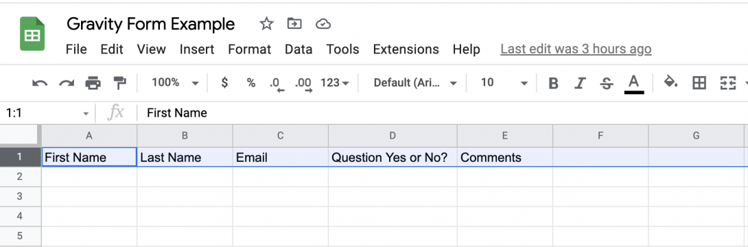 example sheet with fields for First Name, Last Name, Email, Questions and Comments